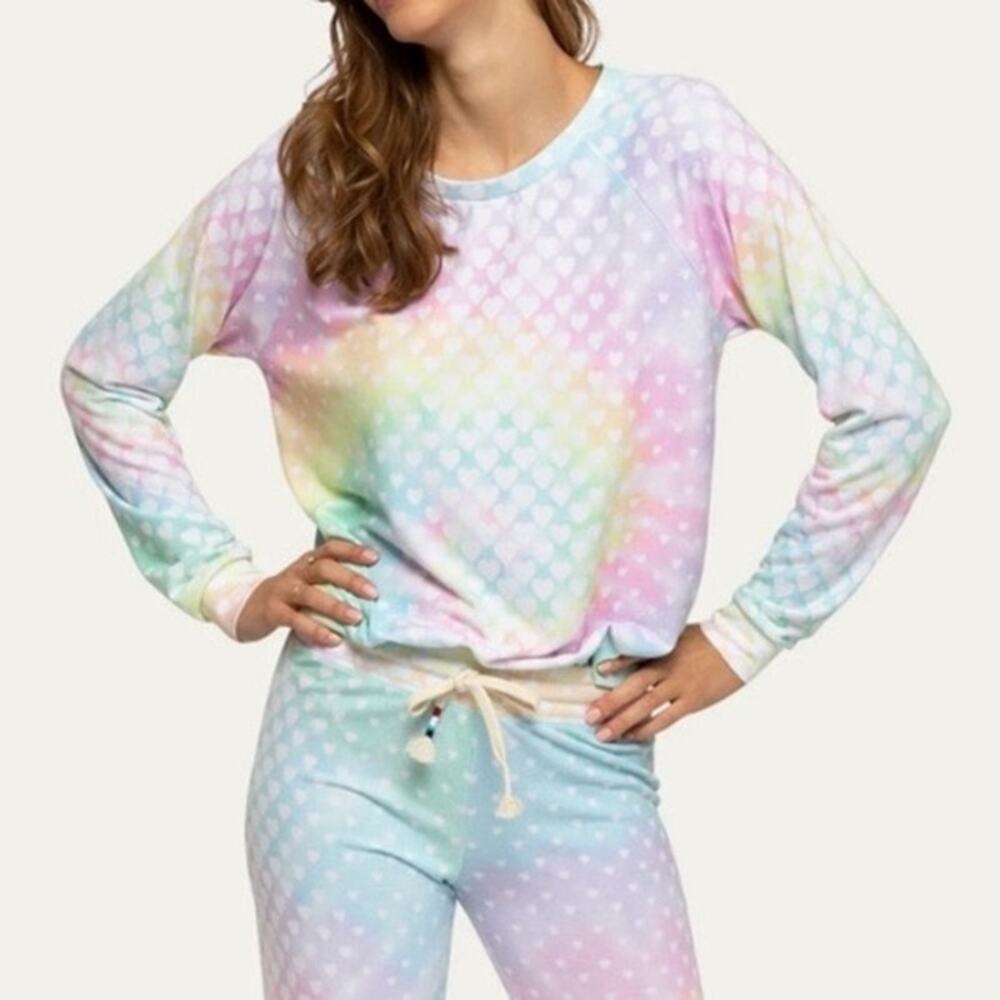 Sol Angeles Sweatshirt Women’s Size Small NWT Heart Burst Pastel Rainbow Tie Dye